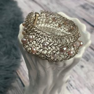 Silver 925 Stamped Wire Wrapping Bracelet with Pearls and Stone Beads